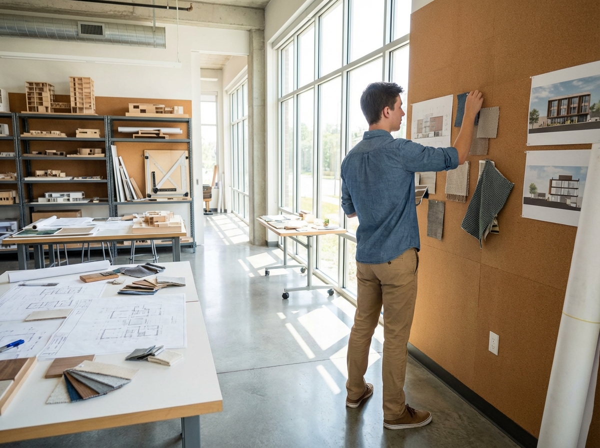 Jeune homme fixant des mood boards dans un studio lumineux