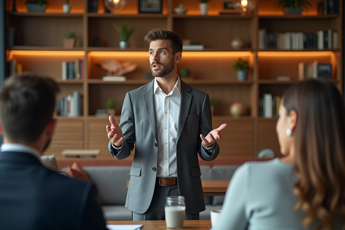 Jeune homme en costume présentant une idée en coworking