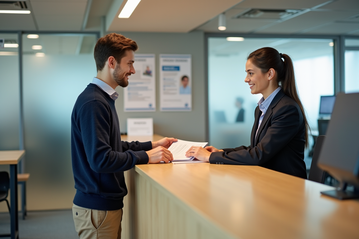 Jeune homme remettant un formulaire à un conseiller