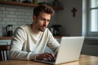 Jeune homme concentré sur son ordinateur dans la cuisine