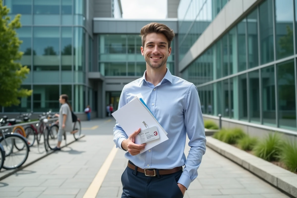 Jeune homme souriant devant un bâtiment universitaire moderne