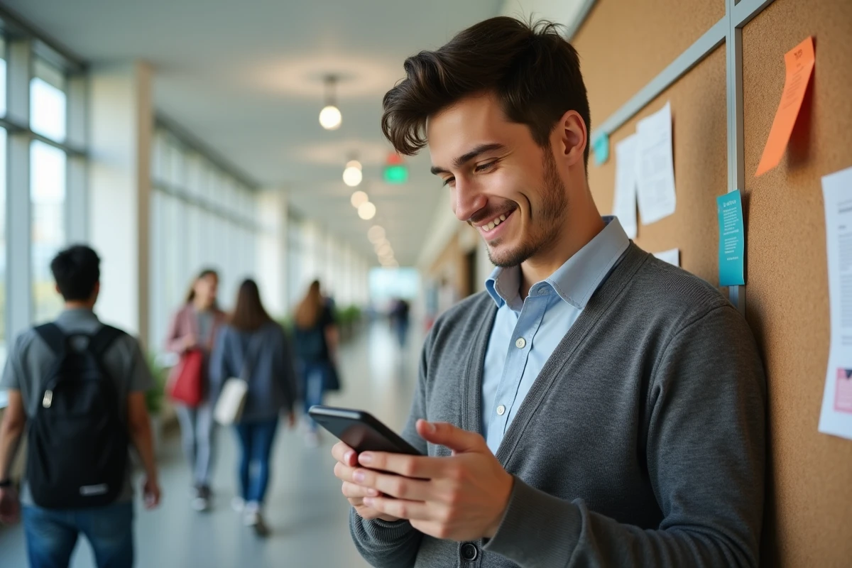 Jeune homme vérifiant ses emails dans un couloir universitaire
