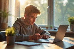 Jeune personne utilisant une application bancaire sur smartphone dans un salon lumineux