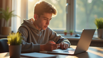 Jeune personne utilisant une application bancaire sur smartphone dans un salon lumineux