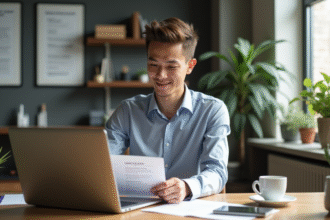 Jeune professionnel examine un CV sur un ordinateur lumineux