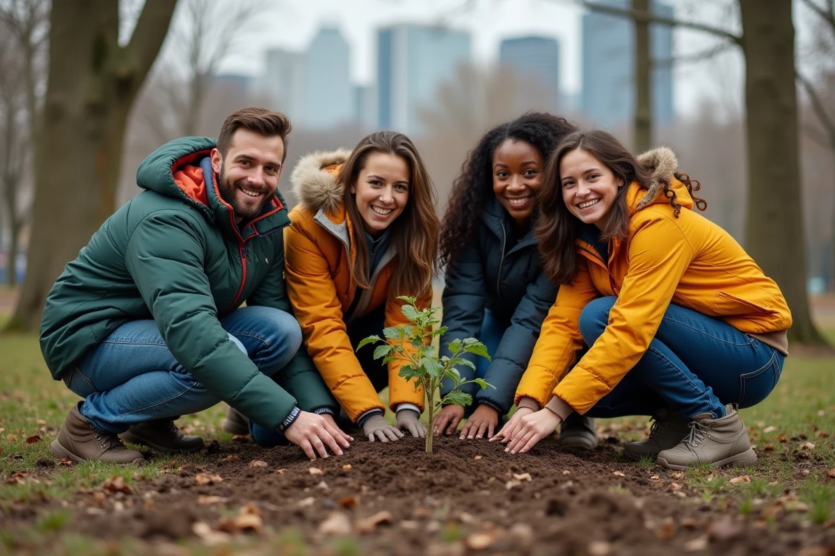 Jeunes adultes plantant des arbres dans un parc urbain