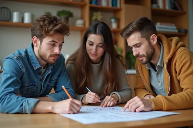 Trois jeunes adultes résolvent un quiz Pi dans une cuisine moderne