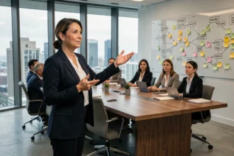 Leader féminine présentant une stratégie d'entreprise à son équipe dans une salle de réunion moderne