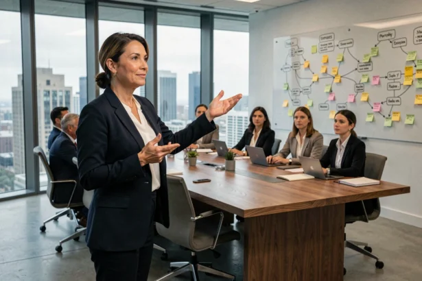 Leader féminine présentant une stratégie d'entreprise à son équipe dans une salle de réunion moderne