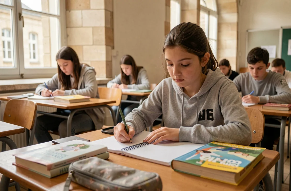 Une lycéenne écrivant dans un cahier dans une salle de classe du Lycée Eugène Dubois à Bourg-en-Bresse