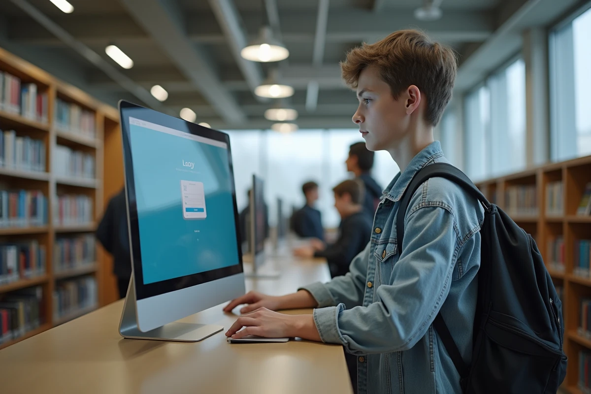 Lycéen se connectant à la plateforme lyc2e connect2 dans une bibliothèque scolaire