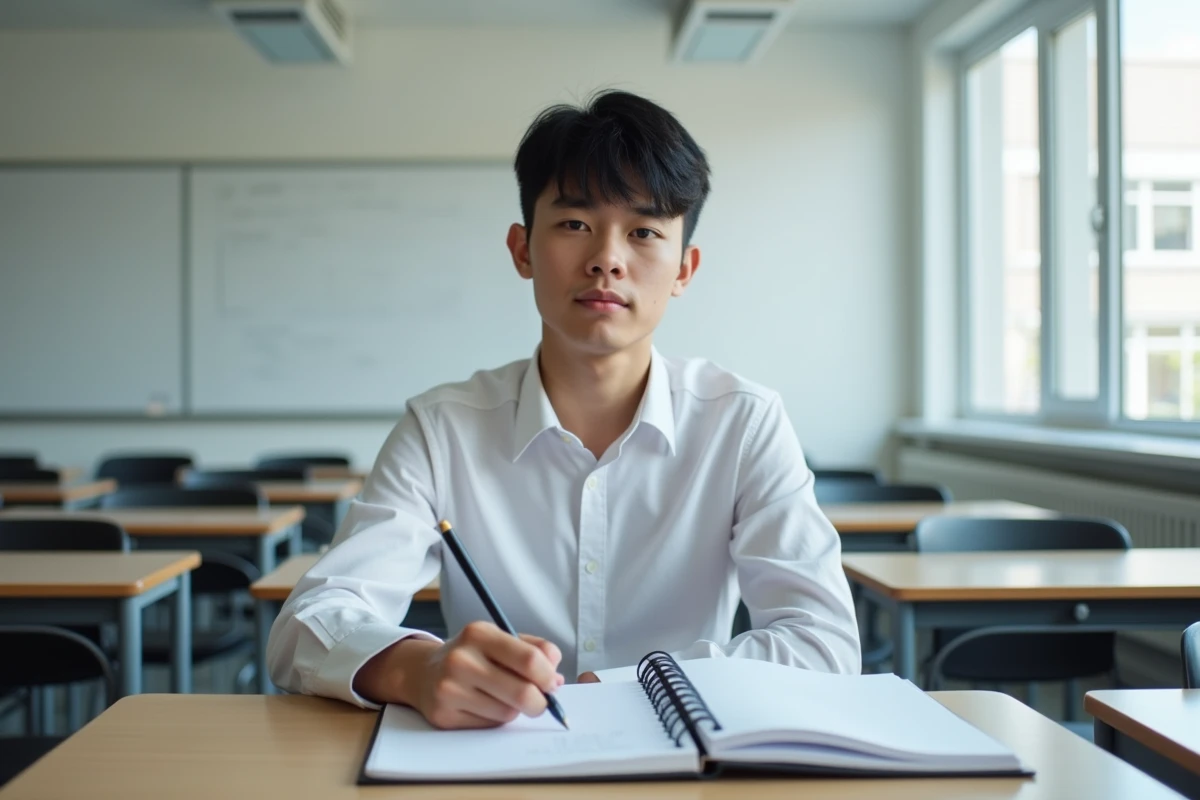 Lycéen prenant des notes devant un cours d'orientation en ligne dans une salle de classe moderne