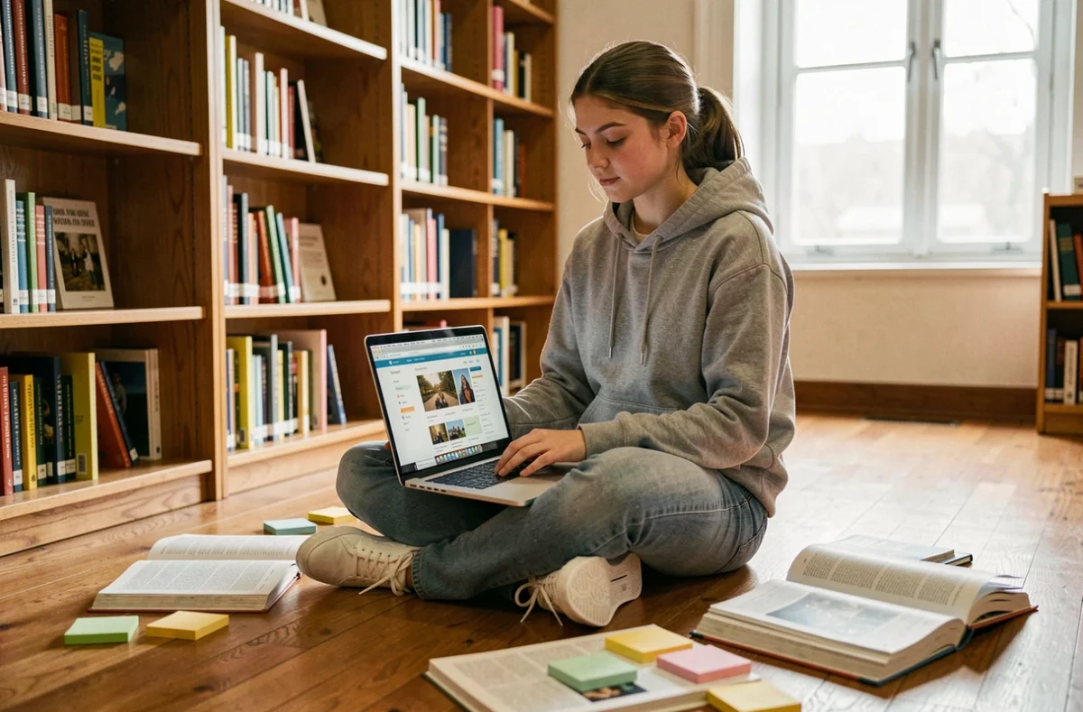 Une lycéenne consulte un blog éducatif sur son ordinateur portable dans une bibliothèque scolaire, entourée de manuels et de notes de cours