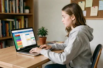 Lycéenne utilisant un bureau numérique académique sur son ordinateur portable dans sa chambre