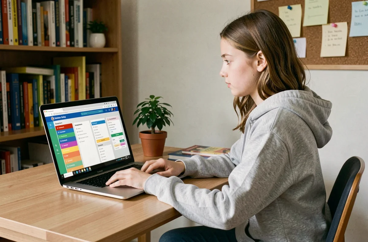 Lycéenne utilisant un bureau numérique académique sur son ordinateur portable dans sa chambre