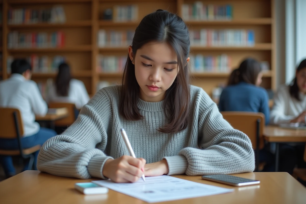 Lycéenne remplissant un formulaire de demande de carte étudiante dans la bibliothèque de son lycée