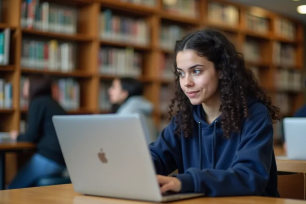 Lycéenne consultant une plateforme d'orientation en ligne dans une bibliothèque scolaire