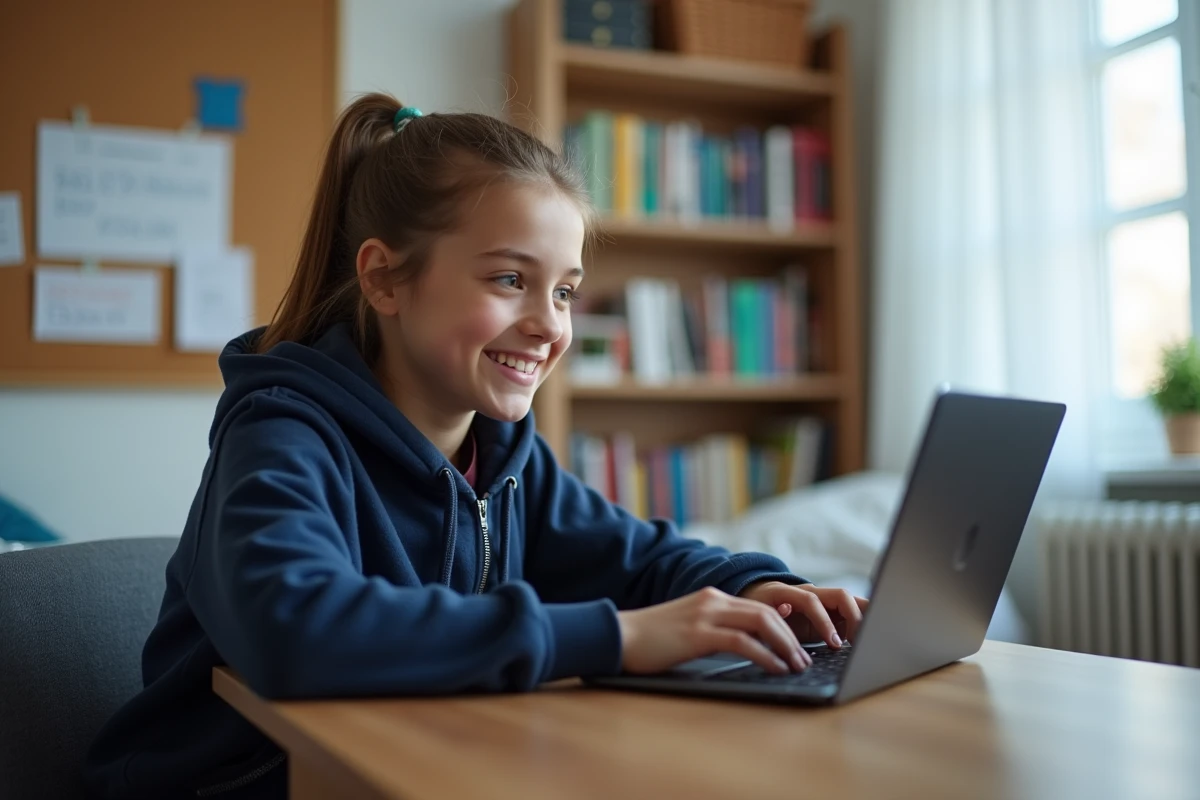 Lycéenne utilisant le portail numérique lyc2e connect2 sur un ordinateur portable dans sa chambre