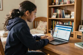 Lycéenne connectée au portail PSN Mon Lycée sur son ordinateur portable dans sa chambre