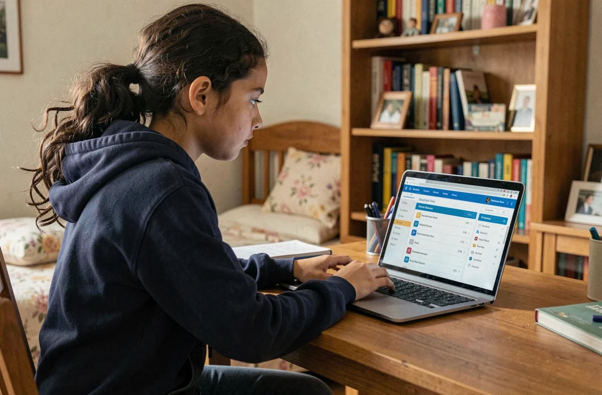 Lycéenne connectée au portail PSN Mon Lycée sur son ordinateur portable dans sa chambre