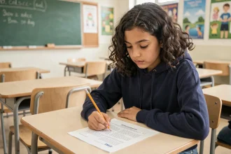 Lycéenne remplissant un questionnaire d'orientation scolaire à son bureau en classe