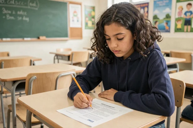 Lycéenne remplissant un questionnaire d'orientation scolaire à son bureau en classe