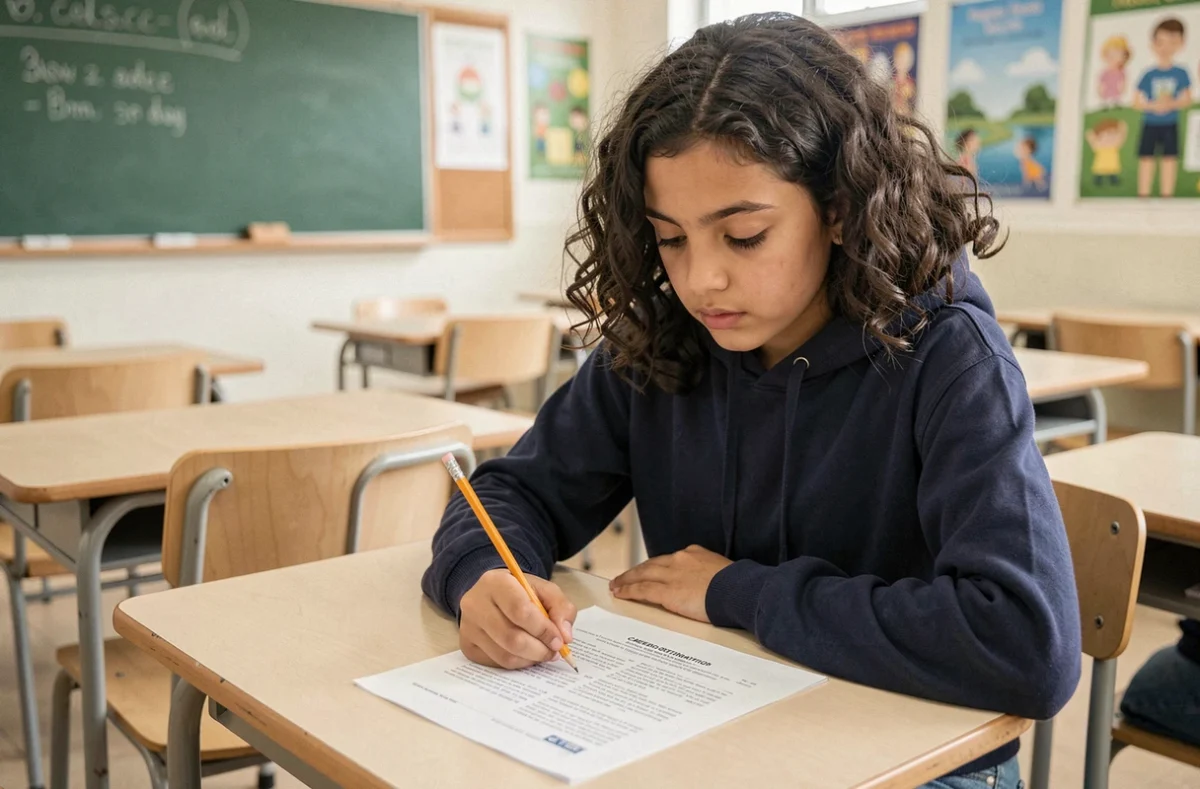 Lycéenne remplissant un questionnaire d'orientation scolaire à son bureau en classe