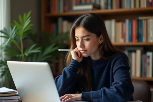 Lycéenne en terminale consultant des documents d'orientation sur son bureau avec un ordinateur portable et des brochures de prépa ECE