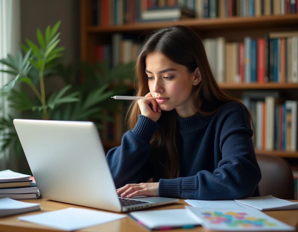 Lycéenne en terminale consultant des documents d'orientation sur son bureau avec un ordinateur portable et des brochures de prépa ECE