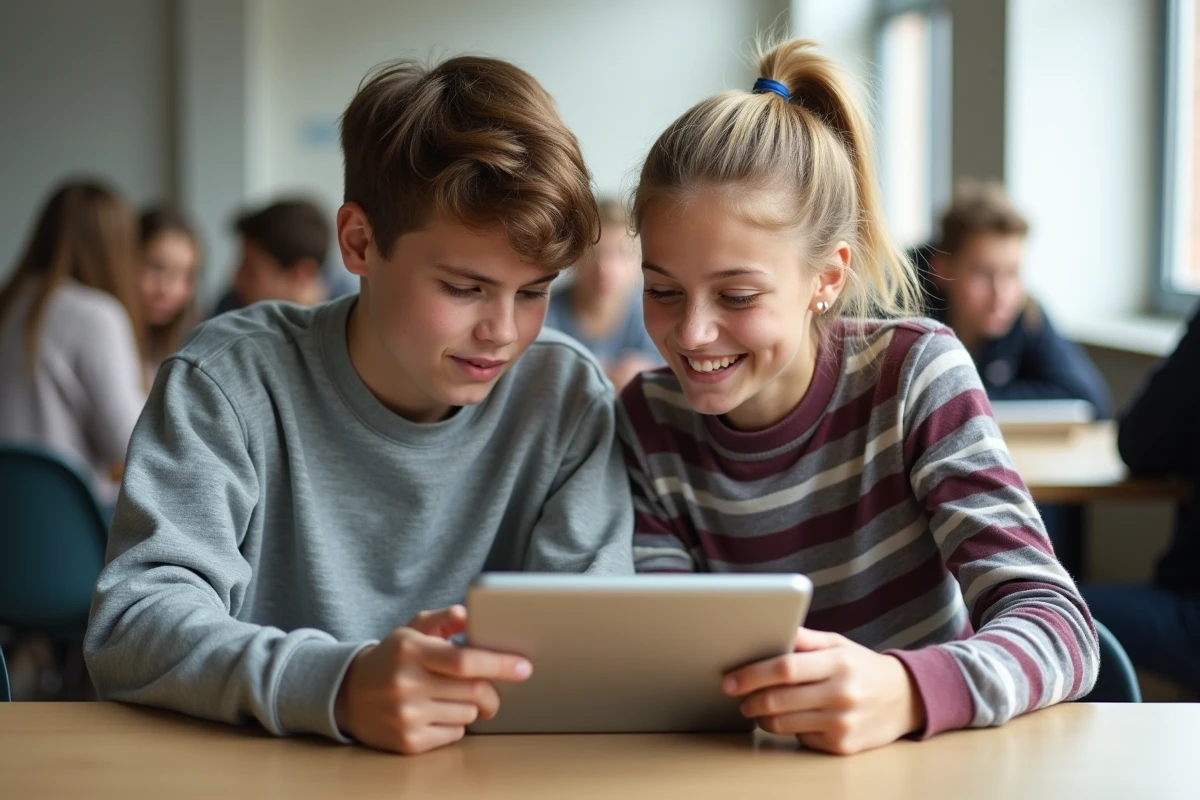 Deux lycéens explorant ensemble des options d'orientation sur une tablette à la cafétéria