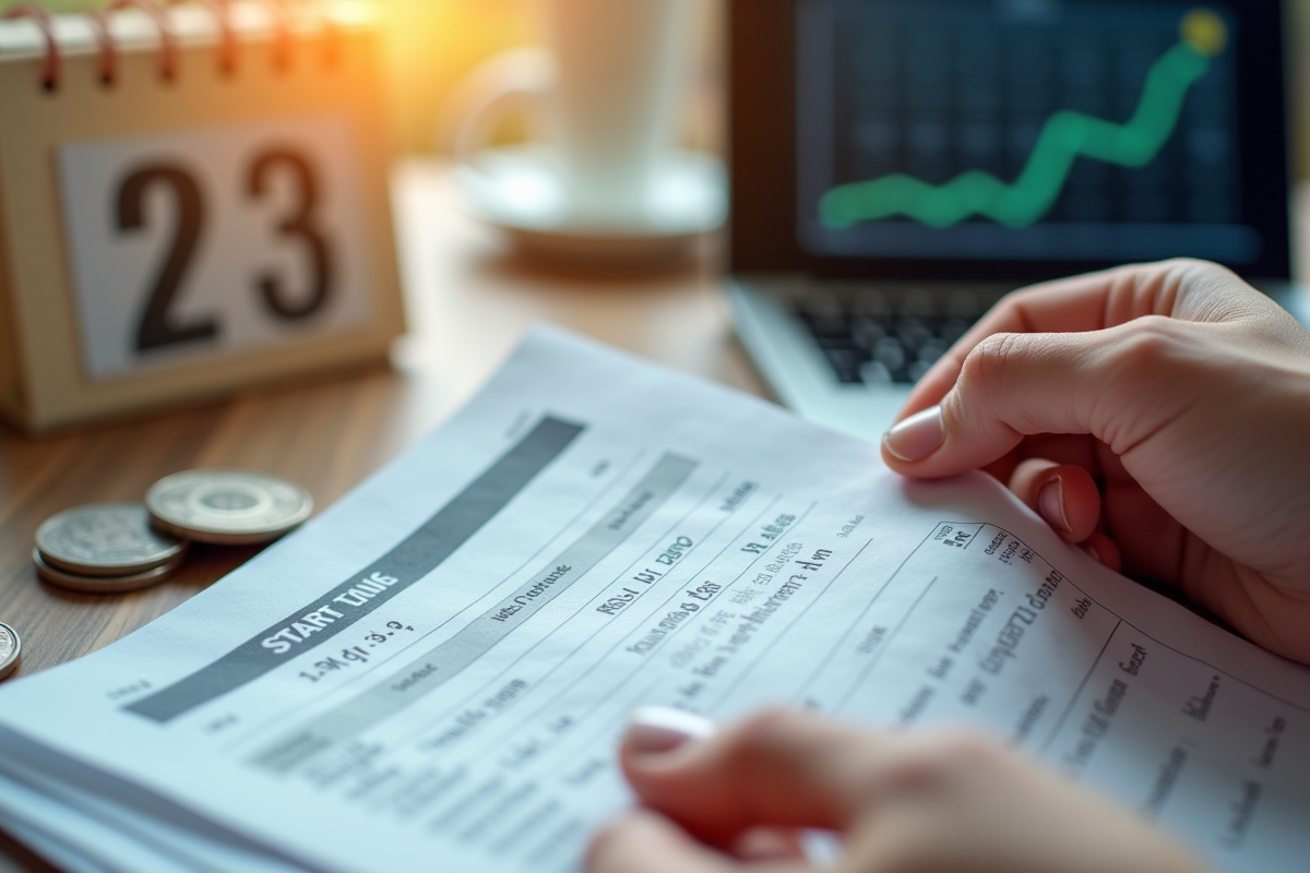 Mains tenant un relevé bancaire avec calendrier et pièces en arrière-plan