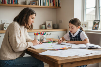 Maman et sa fille concentrées sur leurs devoirs à la maison