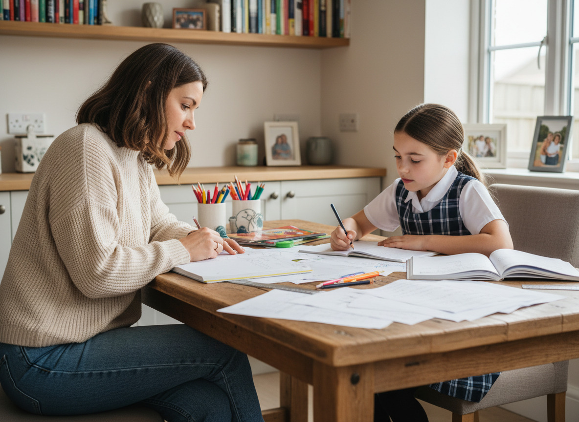Maman et sa fille concentrées sur leurs devoirs à la maison