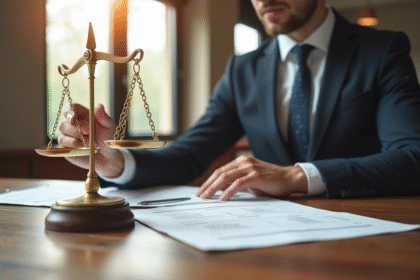 Médiateur professionnel tenant des balances et examinant des documents