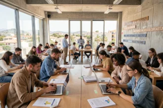 Vue d'ensemble d'un centre de formation professionnelle dans l'Hérault avec des apprenants adultes travaillant en groupe