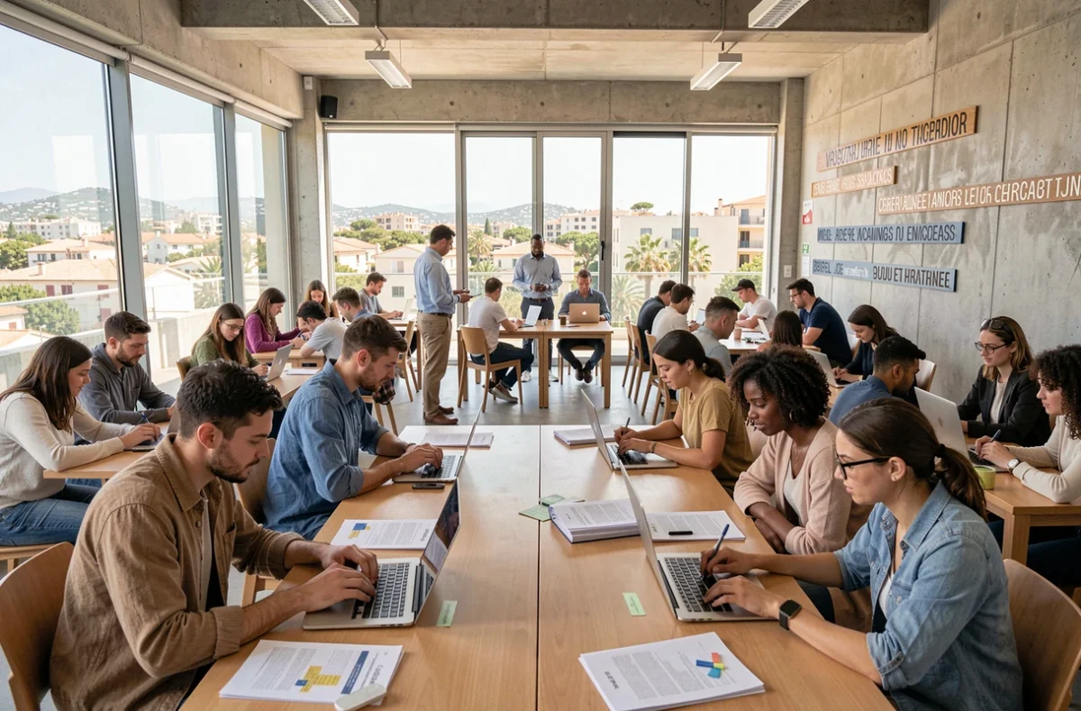 Vue d'ensemble d'un centre de formation professionnelle dans l'Hérault avec des apprenants adultes travaillant en groupe