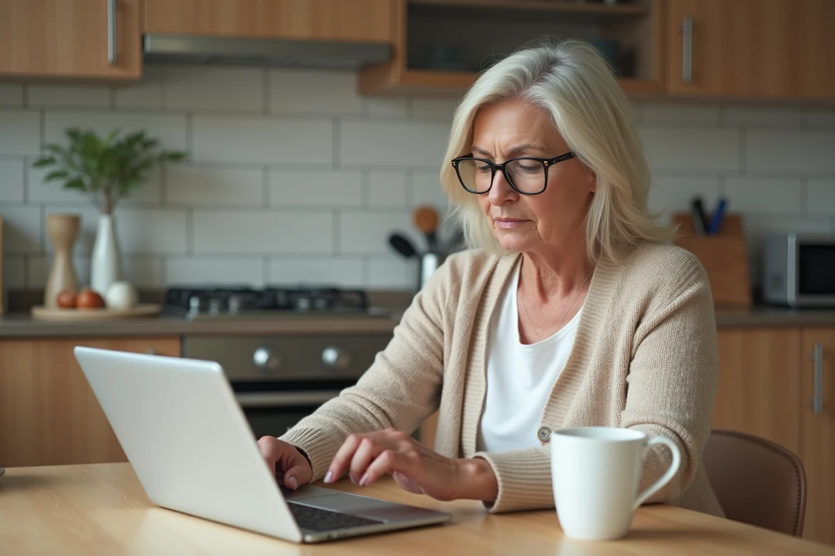 Mère de famille consultant le portail parent lyc2e connect2 sur une tablette dans la cuisine