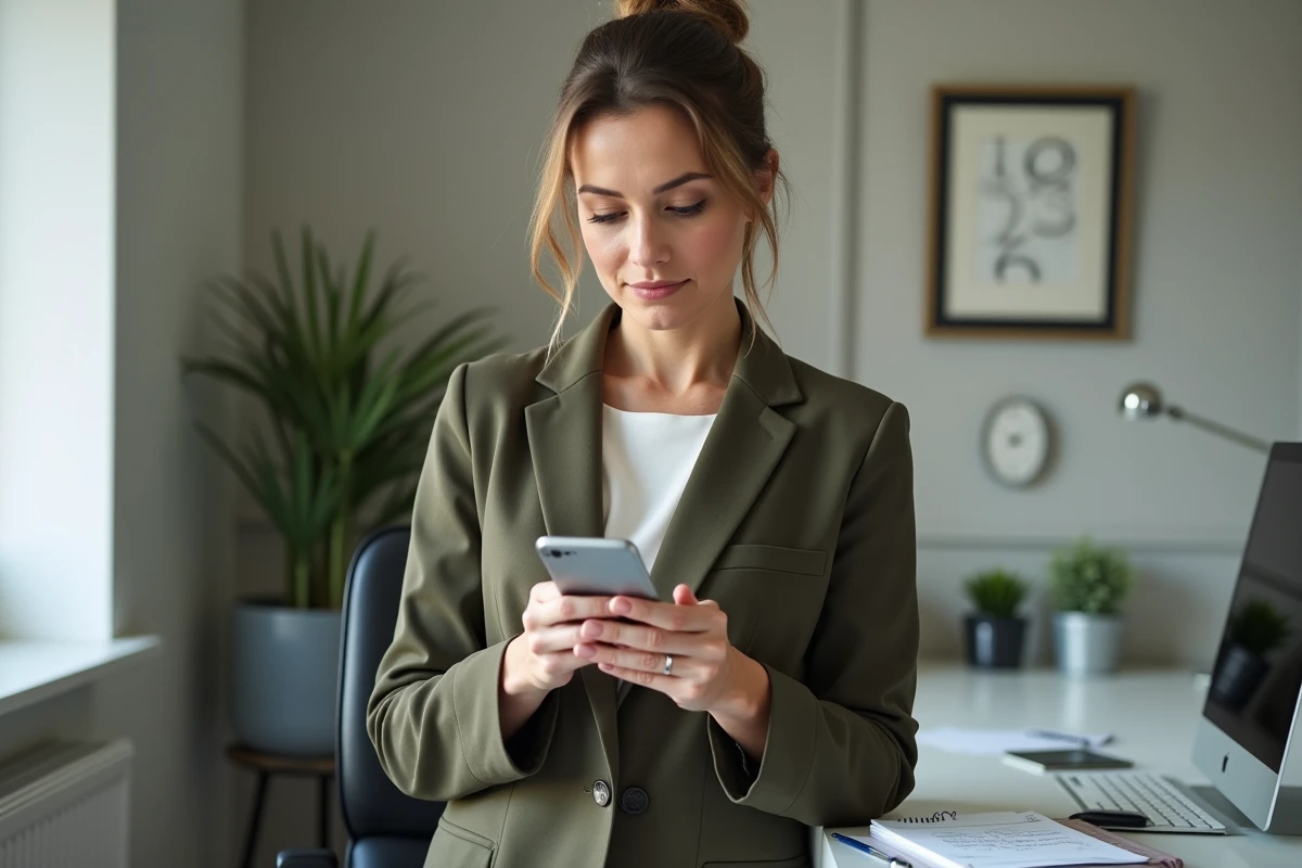 Une mère debout dans son bureau à domicile consulte les notes scolaires de son enfant sur son smartphone via ENT77