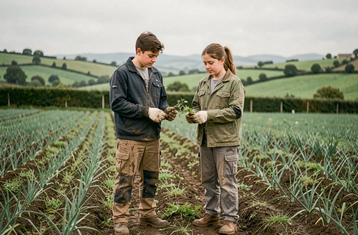 Deux jeunes apprenants en tenue de travail agricole étudiant des plantes dans un champ de l'Ain, formation pratique dans une Maison Familiale Rurale