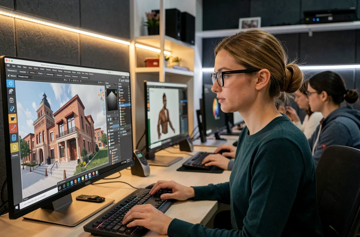 Apprenante modélisant une scène 3D sur ordinateur dans un atelier de formation chez Objectif 3D Montpellier