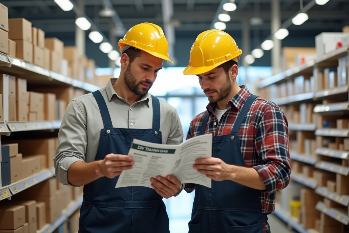 Père et fils examinant brochures de bricolage en magasin