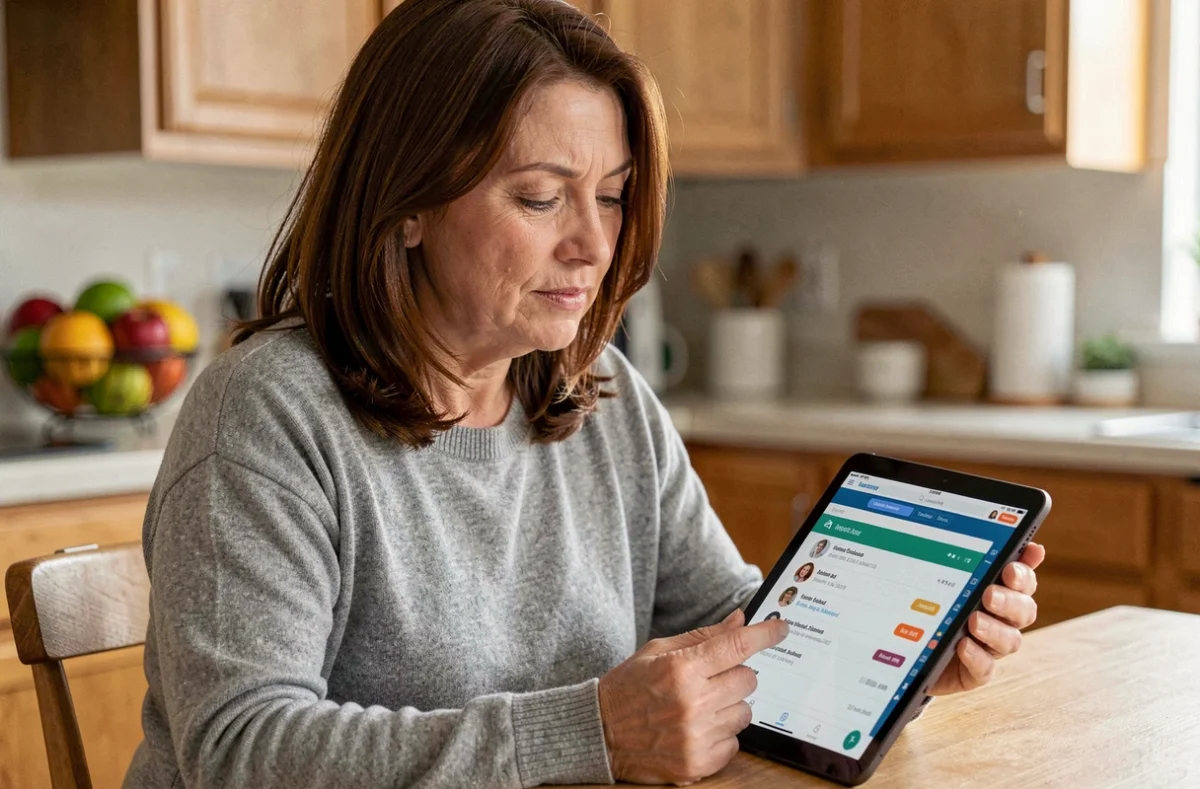 Mère de famille consultant le portail scolaire PSN Mon Lycée sur une tablette depuis la cuisine