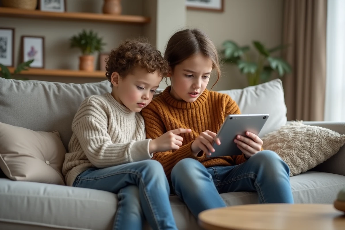 Parent et enfant consultant ensemble un test de QI sur tablette dans un salon familial