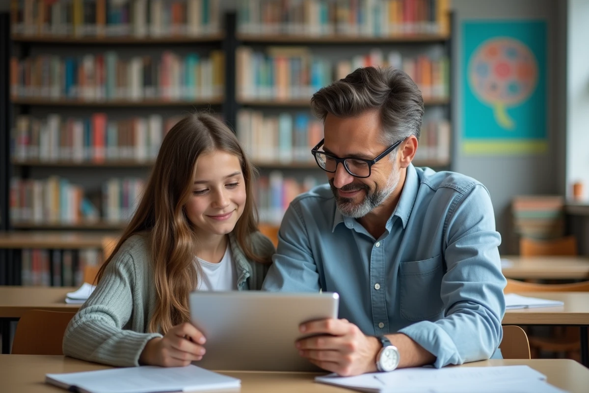 Pere et fille étudiant ensemble dans une bibliothèque