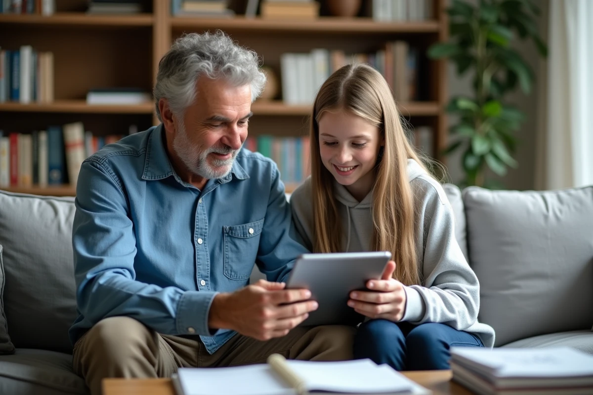 Un père et sa fille adolescente consultent ensemble les devoirs sur une tablette via l'ENT familial