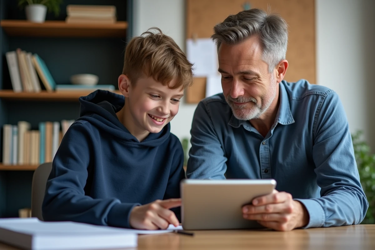 Père et fils adolescent consultent ensemble le portail scolaire numérique PSN Mon Lycée sur une tablette à la maison
