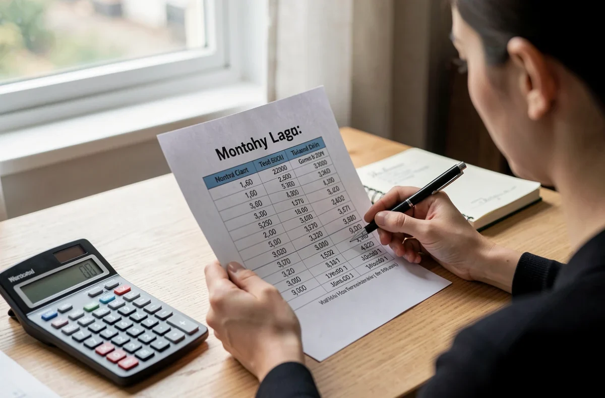 Personne lisant un tableau de montants mensuels à son bureau