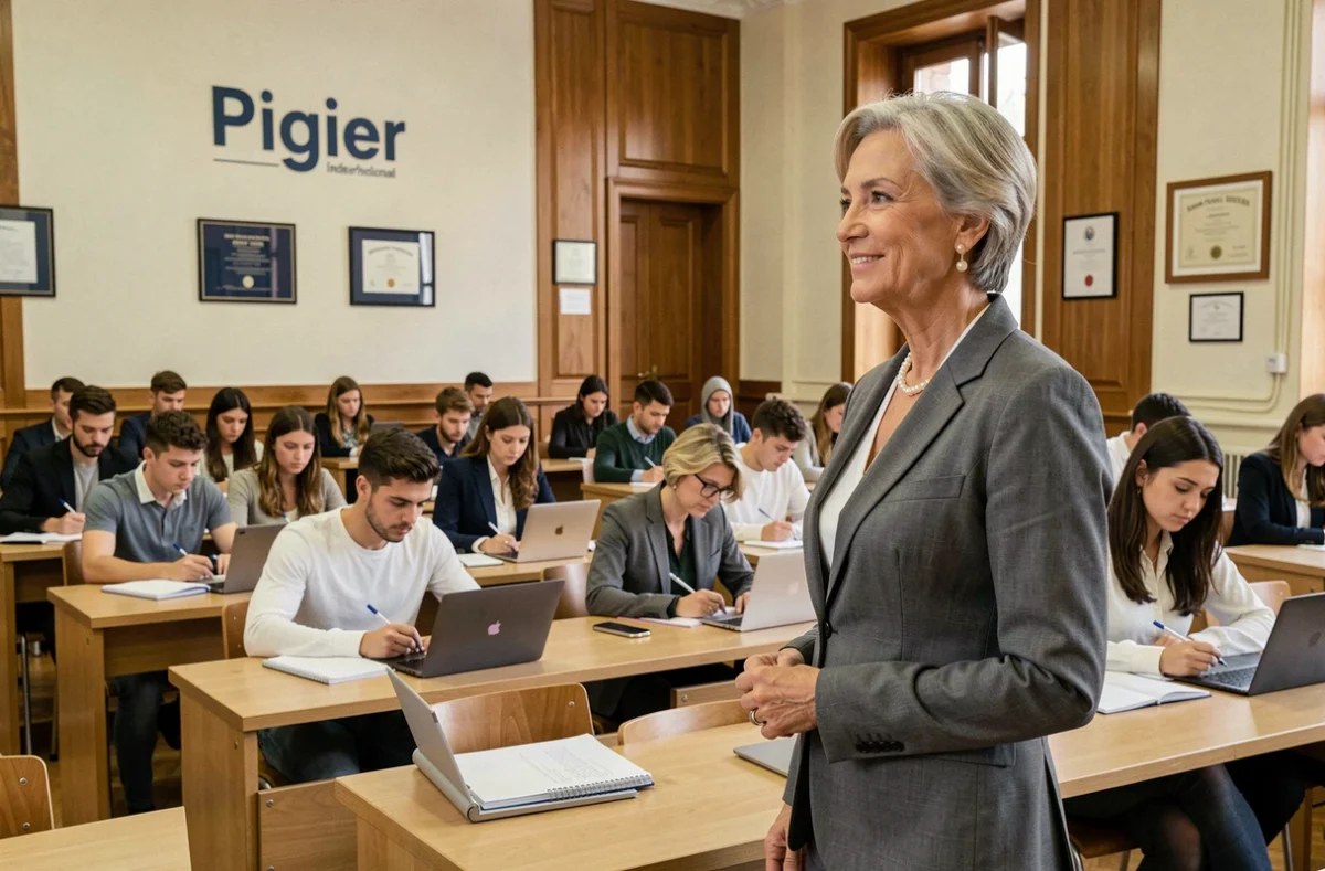 Professeure en costume gris animant un cours magistral devant des étudiants adultes dans la salle de classe officielle de Pigier Marseille