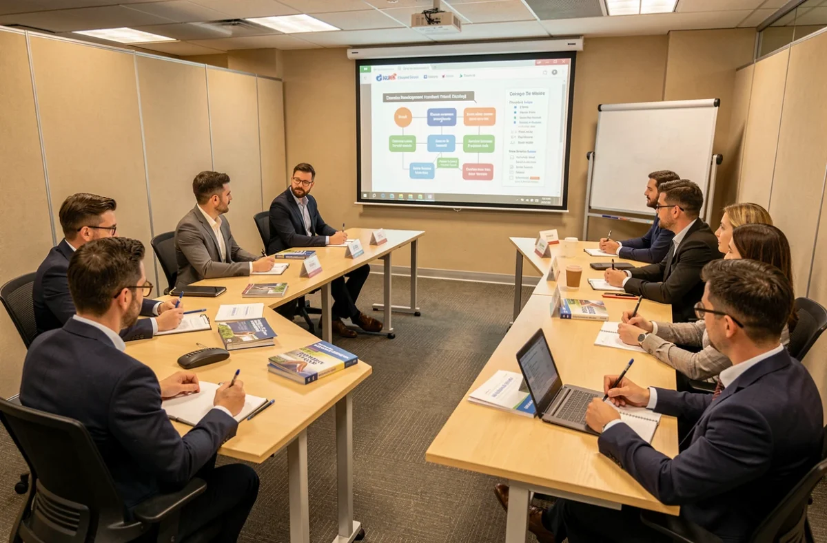 Groupe de professionnels en formation continue dans une salle de cours de Polysud Formation