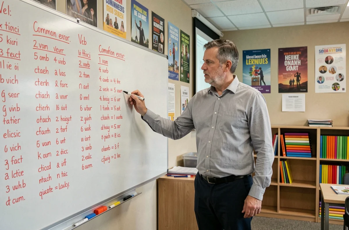 Professeur de français corrigeant des erreurs de conjugaison des verbes du 3ème groupe au tableau blanc en salle de classe